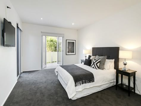 realestate,com.au Bedroom Black Carpet, Dark Carpet Bedroom Ideas, Bedroom With Dark Carpet, Charcoal Carpet Bedroom, Dark Carpet Bedroom, Dark Grey Carpet Bedroom, Bedroom Inspirations Dark, Black Carpet Bedroom, Dark Modern Interior