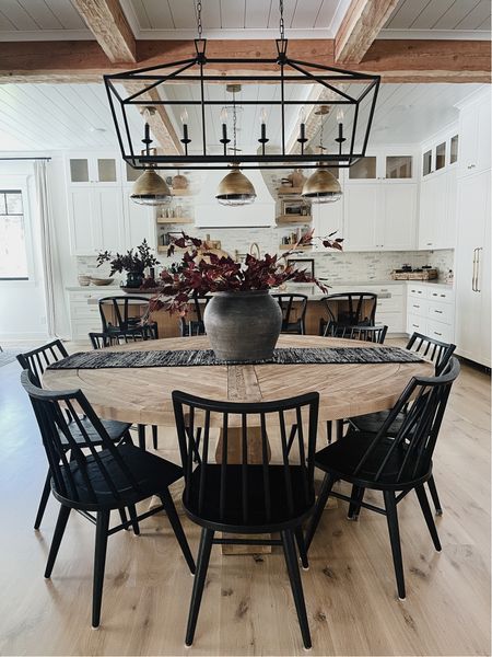 For over breakfast table or dining Round Tray Decor, Bonnie Ryan, Farmhouse Round Dining Table, European Farmhouse Kitchen, Round Dining Table Decor, Black Iron Chandelier, Round Table Decor, Modern Farmhouse Dining Room, Round Dining Room Table