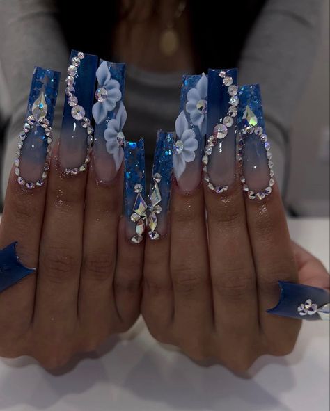 Blue Diamond Nails, Blue Prom Nails, Nail 2023, Quinceanera Nails, Bridal Nail, Blue Glitter Nails, Classy Nail, Blue Acrylic Nails, Drip Nails