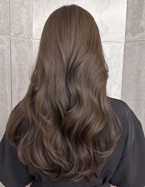 Brown Hair For Asian Women, Mousey Brown Hair Natural, Milk Tea Ash Brown Hair Color, 7.1 Hair Color, Korean Soft Perm, Cool Beige Brunette, Pearl Brown Hair, Milk Tea Highlights On Black Hair, Taupe Brunette Hair