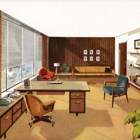 1950s Business Office Mid Century Office, Mid Century Modern Office, 70s Interior, Mid Century Interior, Retro Office, Furniture Ads, Contemporary Office, Retro Interior, Vintage Office