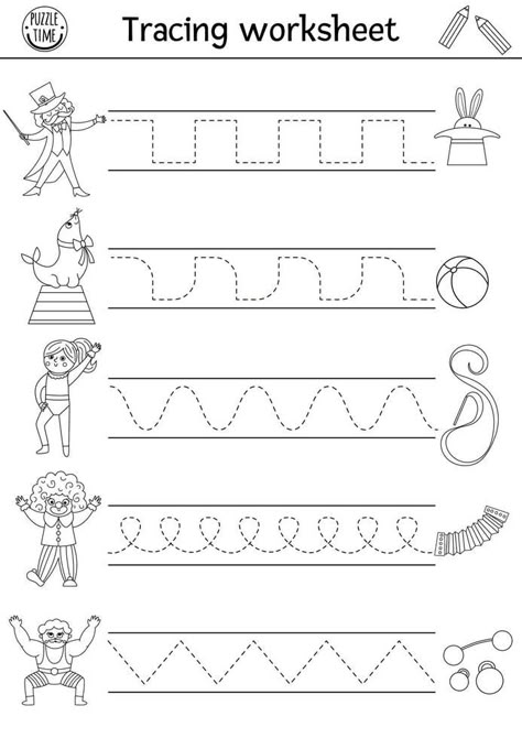 Vector circus handwriting practice worksheet. Amusement show printable black and white activity for preschool children. Tracing game for writing skills with magician, clown, gymnast, athlete Circus Daycare Activities, Circus Literacy Activities, Fair Theme Preschool Activities, Circus For Preschoolers, Circus Fine Motor Activities, Preschool Carnival Activities, Circus Week Preschool, Circus Worksheets Preschool, Circus Lesson Plans Preschool