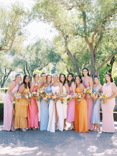 Garden Inspired Wedding Dress, Colorful Garden Wedding Bridesmaid, Braidsmaid Dress Ideas, Colorful Wedding Isles, Wildflower Centerpiece Wedding Simple, Colorful Wedding Palettes, Colorful Spring Bridesmaid Dresses, Multi Color Spring Wedding, Wedding Colors Fuschia