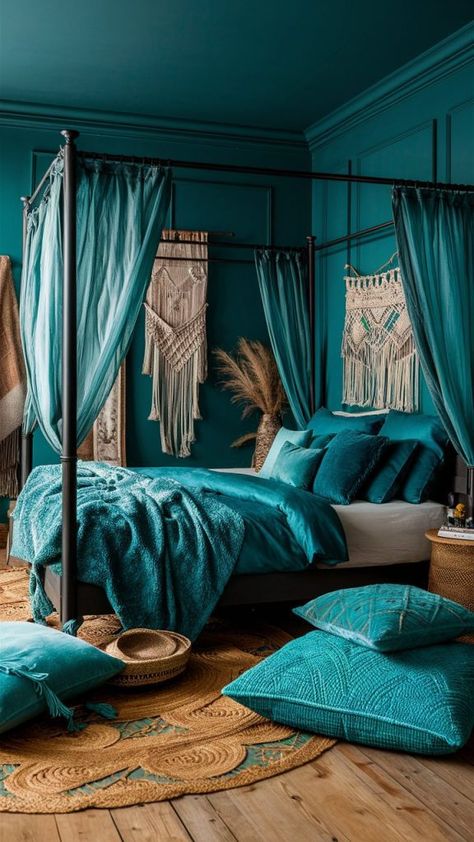 Turquoise Bedroom Ideas, Teal Boho Bedroom, Blue Boho Bedroom Ideas, Blue Boho Bedroom, Turquoise Bedroom, Magical Bedroom, Bedroom Turquoise, Teal Bedding, Boho Bedroom Design