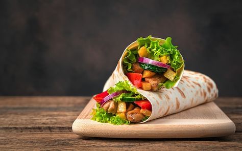 Photo chicken meat, french fries, vegeta... | Premium Photo #Freepik #photo #chicken-roll #gyros #chicken-shawarma #burrito Turkish Doner, Shawarma Recipe, Doner Kebab, Creamy Garlic Sauce, Brown Wall, Pickled Veggies, Chicken Shawarma, Meat Chickens, Quick Snacks