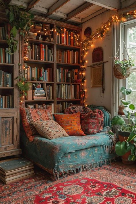 Maximalist Lifestyle, Cozy Libraries, Shared House, Maximalist Living Room, Vibrant Living Room, Living Room Design, Cozy Interior, Living Room Colors, Boho Living Room