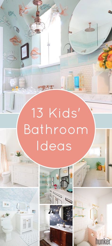 Small Guest Bathroom Ideas Wallpaper, Bunk Room Bathroom, Bathroom Color Theme Ideas, Simple Kids Bathroom Ideas, Family Bathroom Ideas Decor, Daughter Bathroom Ideas, Wallpaper For Kids Bathroom, Nursery Bathroom Ideas, Boy Bathroom Design