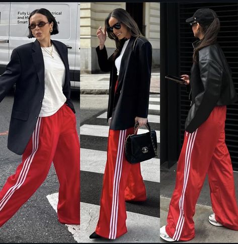 Track Pants Outfit Casual, Red Sweatpants Outfit, Striped Trousers Outfit, Sport Pants Outfit, Adidas Track Pants Outfit, Adidas Street Style, Stripe Pants Outfit, Red Pants Outfit, Pants Outfit Work