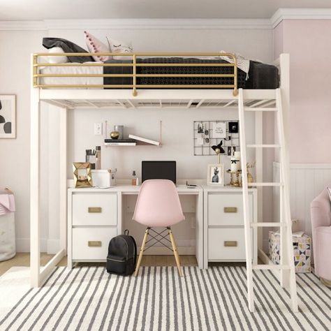 14 Space-Saving Loft Beds Kids & Parents Will Love Loft Beds For Teens, Girls Loft Bed, Tiny Bed, White Loft Bed, Bed For Girls Room, A Loft Bed, Hiasan Bilik Tidur, Bunk Bed With Desk, Bed With Desk