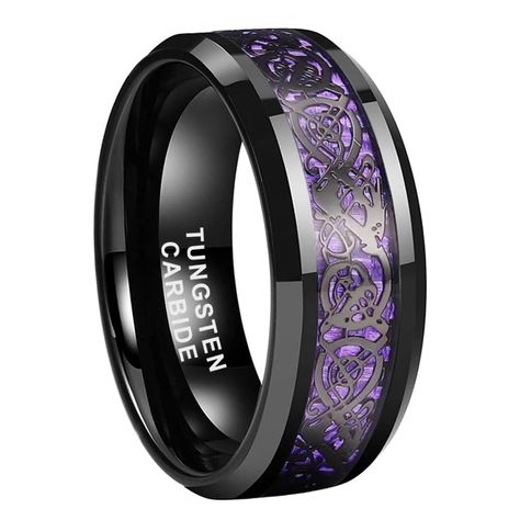 PRICES MAY VARY. 6mm 8mm Green Purple Red Carbon Fiber Celtic Dragon Inlay Black Tungsten Carbide Rings for Men Women Engagement Wedding Bands Fashion Jewelry Beveled Edges Polished Shiny Comfort Fit. Made of Genuine Tungsten Carbide. Scratch Resistant, Water Proof, Never Tarnish, Nice Weight, Cobalt Free, Hypoallergenic, Will Not Turn Your Finger Green. Ideal Fashion Rings Suit for All the Occasions Such as Wedding, Anniversary, Engagement, Party, Birthday, Valentine's, Thanksgiving and Christm Black And Purple Ring Men, Goth Wedding Rings Men, Tungsten Rings For Men, Stainless Steel Wedding Bands, Black Tungsten Rings, Celtic Dragon, Tungsten Rings, Tungsten Mens Rings, Black Tungsten