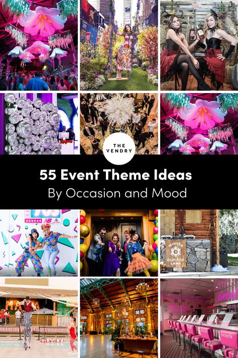 event ideas, event themes, event inspiration, a list of event decor Themes For Events Creative Ideas, Business Party Theme Ideas, Big Party Themes, Party Themes For Work Events, Calendar Party Table Themes, Work Party Themes Events, Event Ideas For Small Business, Banquet Themes Ideas, Table Themes Fundraiser