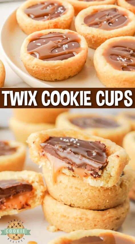 TWIX COOKIE CUPS - Family Cookie Recipes Cookie Butter Dessert Cups, Cookie Shooter Recipes, Cookie Pies Mini, Reeses Chocolate Chip Cookie Bites, Caramel Cookie Cups, Cherry Cookie Cups, Twix Cookie Cups, Candy Cookie Recipes, Tiramisu Cookie Cups