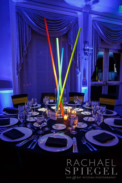 Revolution Event Design and Production_Rachael Spiegel Bar & Bat Mitzvah Photography_Bethesda, MD_Black spandex table linens and neon rods centerpiece_Techy Bar Mitzvah Bar Mitzvah Ideas Boys, Bar Mitzvah Decorations, Bar Mitzvah Centerpieces, Bat Mitzvah Photography, Mitzvah Centerpieces, Bar Mitzvah Themes, Bat Mitzvah Themes, Sleek Logo, Arcade Bar