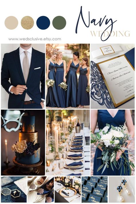 For those of you looking to create a sleek & sophisticated celebration, this navy and gold wedding color inspiration is for you! You might think that Navy blue is a bit too masculine and a bit dark and wintry. But, as with any colour combination, it's the way you employ the primary shades, and the complementary tones you add to the palette that create the look. This look is all about rich gold added to creamy backgrounds, and dark sparkling navy to give that opulent feel. #wedding #invitations Navy Blue Gold Wedding Theme, Wedding Colour Schemes Navy, Wedding Color Schemes Navy Blue And Gold, Dark Blue Gold Wedding, Navy Blue Wedding Pallet, Wedding Navy Blue And Gold, Wedding Navy And Gold, Navy Blue Color Palette Wedding, Wedding Color Schemes Blue And Gold