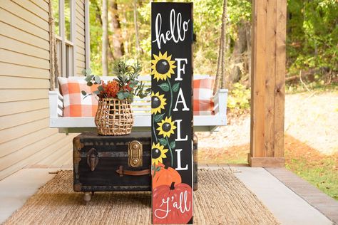 Hello Fall Y Outdoor Thanksgiving, Porch Pumpkins, Harvest Decor, Wooden Porch, Thanksgiving Greetings, Door Displays, Fall Front Porch, Harvest Decorations, Welcome Fall