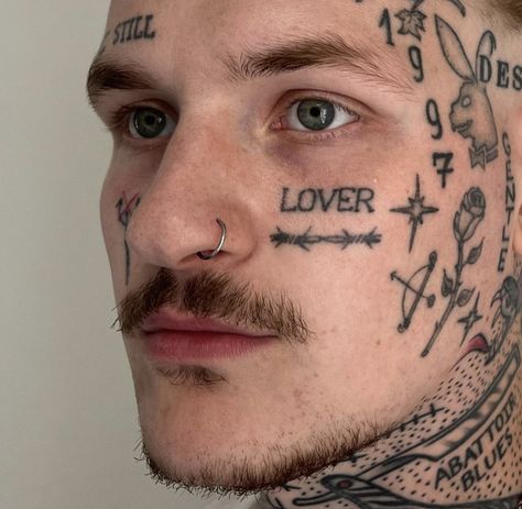 Face Tattoos Ideas, White Ink Face Tattoo, Face Tattoo Men, Mens Face Tattoos, Bald Person, Nose Tattoo, Small Face Tattoos, Temple Tattoo, Face Tats