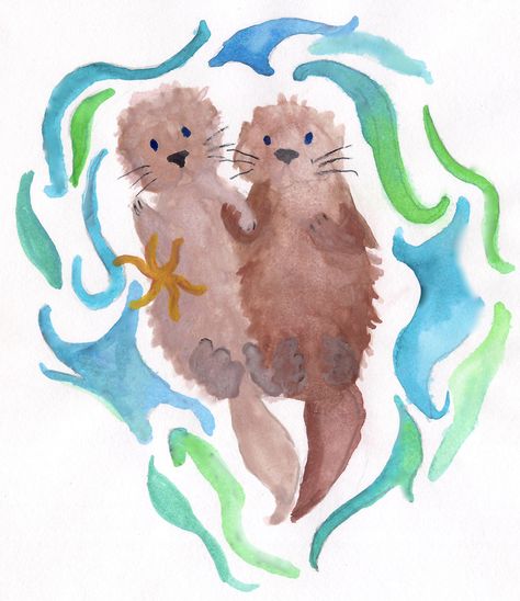 Holding Hands Watercolor, Sea Otters Holding Hands, Hands Watercolor, Sea Otter Art, Otters Holding Hands, Otter Illustration, Otter Art, Sea Otters, Sea Otter