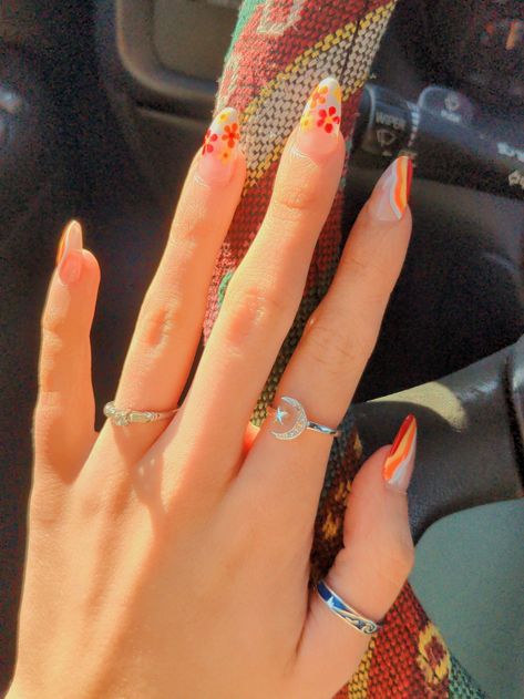 70s Orange Nails, 70 Inspired Nails, Bright Pink French Tip Nails Square, Retro Red Nails, Orange Clear Nails, 70s Floral Nails, Red Orange And Yellow Nails, Orange Nails Flowers, 60s Inspired Nails