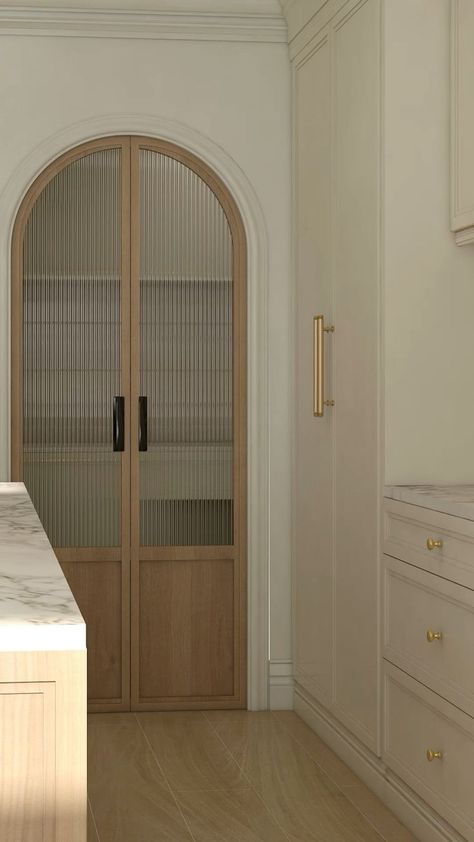 Arch Door Pantry, Arched Closet Doors, Arch Dining Room, Modern Sleek Bedroom, Arched Kitchen Cabinets, Ribbed Glass Door, French Doors To Office, Modern Pantry Door, Fluted Glass Cabinet