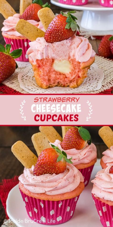 Strawberry Cheesecake Cupcakes - these easy cupcakes have a hidden no bake cheesecake filling and homemade strawberry frosting. Great cupcake recipe to make for spring parties! Homemade Strawberry Frosting, Cupcake Filling Recipes, Moist Cupcake Recipes, Strawberry Cheesecake Cupcakes, Cheesecake Cupcakes Recipe, Strawberry Cupcake Recipes, Homemade Cupcake Recipes, No Bake Cheesecake Filling, Cheese Cake Filling