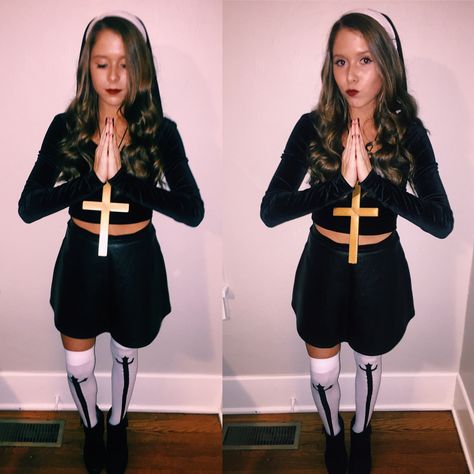 Halloween costume! #nun #halloween #sexy #costume Nun Halloween, College Halloween, Hens Night, Halloween 2018, Dark Gothic, Cloak, Halloween Costume, Skater Skirt, Spandex