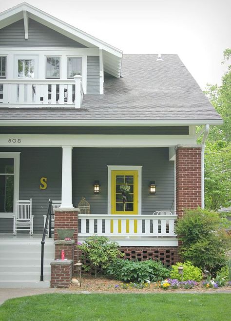 The Best Paint Colors for Your Front Door - gray hardie board / red brick Yellow Front Door, Renovation Facade, Brick House Colors, Exterior Paint Color Combinations, Colors With Red Brick, Master Addition, Exterior Paint Schemes, Coastal Paint, House Upgrades