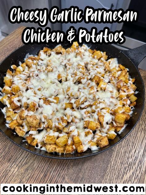 Garlic Parm Chicken And Potatoes Skillet, Cheesy Garlic Parmesan Chicken And Potato Skillet, Garlic Parmesan Chicken And Potatoes Air Fryer, Parmesan Garlic Chicken Potatoes, Garlic Chicken And Potatoes Skillet, Chicken Potato Parmesan Bake, Dinner Ideas With Popcorn Chicken, Meals With Popcorn Chicken, Cheesy Garlic Parm Chicken And Potato Skillet