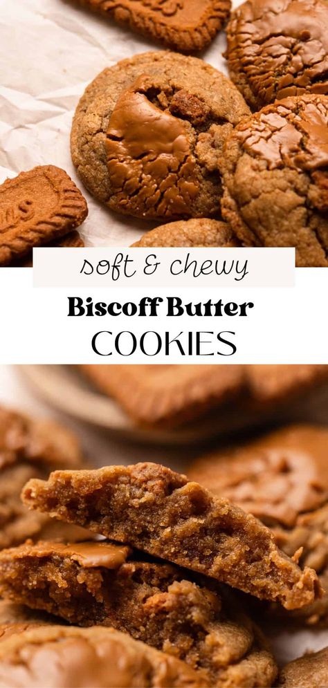 These Biscoff butter cookies are soft and chewy with tons of cinnamon and brown sugar flavor from Biscoff cookie butter! There is cookie butter (or Speculoos) and Biscoff cookie pieces folded in the dough and more Biscoff spread dolloped on top for a gooey finish. This is a no-chill cookie recipe made in 1 bowl that comes together in just 25 minutes! Biscoff Cookie Dough, Baking With Biscoff, Brown Butter Christmas Cookies, Biscoff Crumble Cookie Recipe, Butter Shortbread Cookie Recipe, Biscoff Cream Recipes, Speculoos Cookies Recipe, Recipes With Biscoff Cookies, Speculoos Cookie Butter Recipes