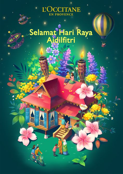 Loccitane Hari Raya illustration on Behance Poster Hari Raya Aidilfitri, Hari Raya Poster Design, Raya Posters, Poster Raya Aidilfitri, Hari Raya Aesthetic, Kad Raya Aidilfitri Design, Kad Hari Raya Aidilfitri, Hari Raya Wallpaper, Hari Raya Aidilfitri Design