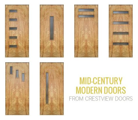 Modern Door Designs with Geometric Glass Panel Inserts in Mid Century Style Mid Century Modern Interior Doors, Mid Century Doors, Mid Century Modern Front Door, Mid Century Modern Door, Entry Door Designs, Modern Garage Doors, Mid Century Exterior, Modern Doors, Mcm House