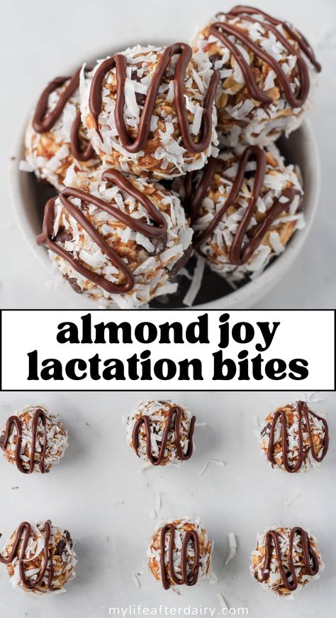 Learn how to make these delicious and filling almond joy lactation bites. These no-bake, vegan snack bites are a delicious, healthy, and milk boosting snack perfect for nursing moms looking for something sweet to eat between feedings or pumpings. Made with almond butter, shredded coconut, and a little chocolate, these healthy lactation bites are a nod to the candy bar classic, Almond Joy, only better. Breast Feeding Snacks For Mom, Almond Joy Energy Bites, Lactation No Bake Balls, Almond Joy Lactation Balls, Protein Balls Lactation, Make Ahead Lactation Snacks, Nursing Protein Balls, Postpartum Lactation Snacks, Lactation Balls No Bake