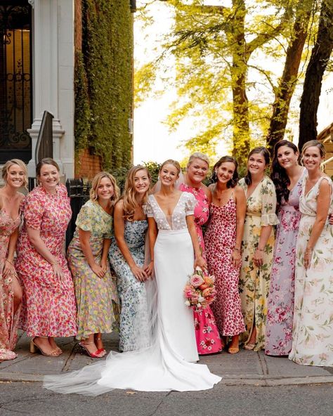 Bridesmaid Dresses Spring Mismatched, June Wedding Dress, Eclectic Bridesmaid Dresses, Playful Wedding, Inexpensive Wedding Flowers, Women Standing, Floral Bridesmaid Dresses, Crepe Skirt, Floral Bridesmaid