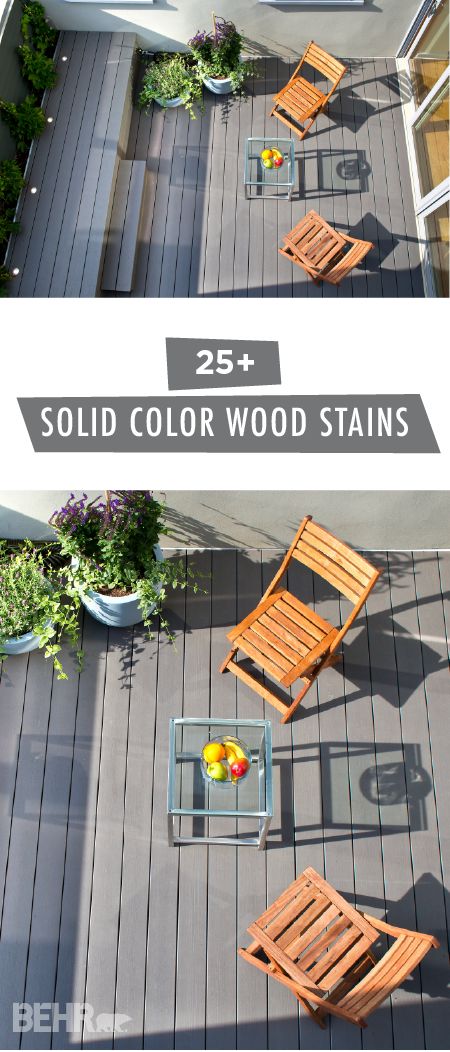 Protect your wooden deck from weathering while giving it a stylish makeover at the same time. BEHR offers a wide range of solid color wood stains that you can choose from. These premium stains and sealers hide the imperfections in your outdoor wooden surfaces while still showing off that gorgeous natural wood texture. Explore everything from neutral grays to deep emerald greens to find the perfect look for your backyard. Home Depot Deck Stain Colors, Wood Deck Color Ideas, Solid Color Deck Stain Ideas, Behr Solid Deck Stain Colors, Gray Deck Stain Colors, Behr Deck Stain Colors, Deck Colors For Gray House, Solid Stain Deck Colors, Grey Deck Stain