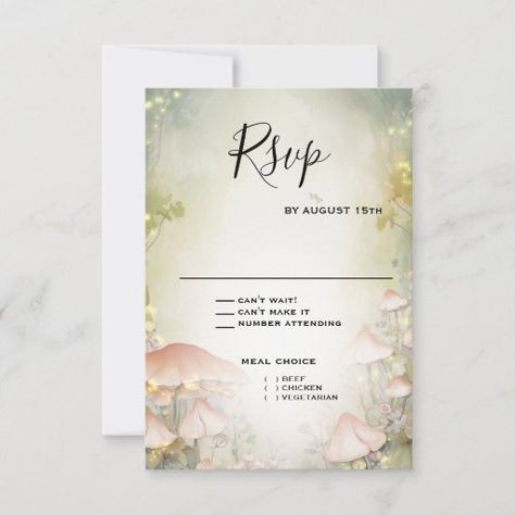 Fairy Tale Woodland Fairycore Romance RSVP Card Woodland Images, Pink Mushrooms, Green Lighting, Dark Wedding Theme, Pink Mushroom, Wedding Stationery Suite, Dark Wedding, Ethereal Wedding, Muted Green