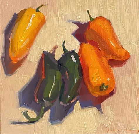 By Sarah Sedwick Tutorial Painting, Orange Peppers, Life Paintings, Abstract Art Landscape, Painting Still Life, Still Life Art, Fruit And Veg, Mini Paintings, Art Landscape