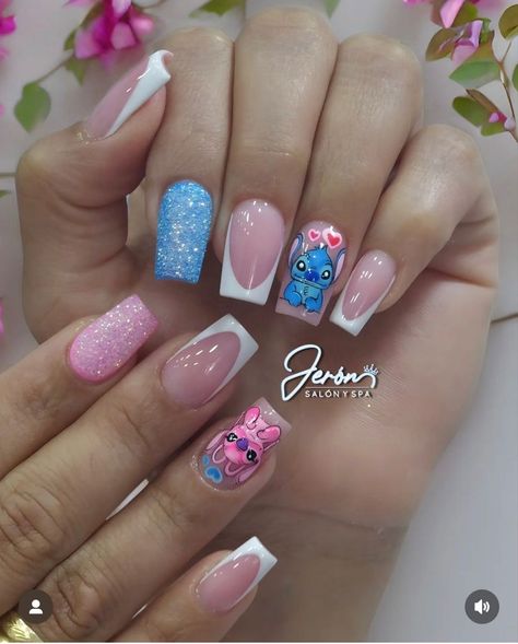 I am a self-taught nail artist from Bulgaria, who loves unusual nail designs. All of the designs are done by me on my own nails. Each of them took me at least 2 hours to finish. I paint well-known characters from the cartoons of your childhood, logos of different brands, parts of TV series and games on my nails. Stitch Valentines Nails, Manicure Stitch, Stitch And Angel Nails, Stitch Nails Disney, Cartoon Nail Designs, Disney Acrylic Nails, Pastel Nail Art, Kids Nail Designs, Velvet Nails