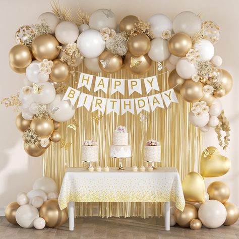 PRICES MAY VARY. What You Receive:Our white and gold birthday decorations includes 15pcs white balloons(10inchx10, 5inchx5), 20pcs sand white balloons(10inchx10,5inchx10), 20pcs metallic gold balloons(10inchx10, 5inchx10), 12inch gold confetti balloonsx5, gold fringe curtainx2, gold and white happy birthday bannerx1, butterfly party decorationsx12(goldx6, silverx6), gold foil balloonsx2, white and gold tableclothx1, glue dotsx100, ribbonx1,decorative stripx1 All Inclusive Birthday Decorations:Th Pink White And Gold Themed Party, Gold Party Ideas Golden Birthday, Birthday Ideas White And Gold, Gold White Party Decoration, White And Golden Birthday Decoration, Cream And Gold Birthday Decorations, Birthday Gold Decorations, White Bday Decor, Golden Party Ideas