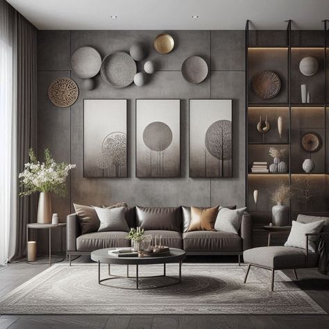 Grey and Brown Living Room Artistic Wall Decor Japandi Grey Living Room, Japandi Grey, Living Room Artistic, Brown Living Room Ideas, Grey And Brown Living Room, Artistic Wall Decor, Taupe Walls, Grey Living Room, Brown Furniture