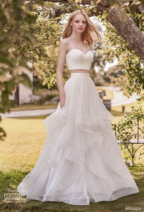 Minimalist Crop Top, Modern Wedding Dresses Minimalist, Wedding Dress Two Piece, 2 Piece Wedding Dress, Crop Top Wedding Dress, Mikaella Bridal, Two Piece Gown, Skirt A Line, Two Piece Wedding Dress