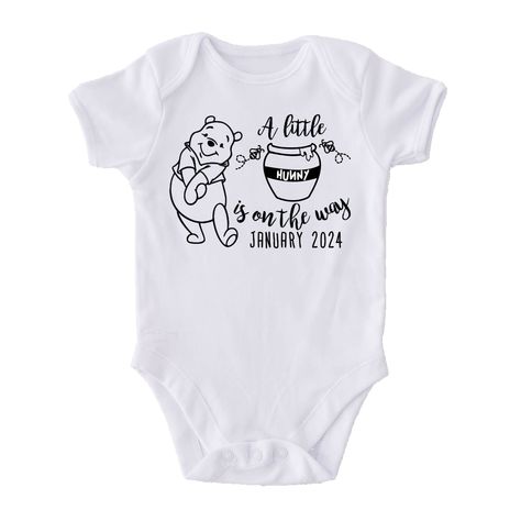 A little hunny is on the way! Share your sweet announcement with this adorable baby onesie®. Our white infant bodysuits are made with 100% Cotton official Gerber Onesies® brand bodysuits. Available in short or long sleeves. See size chart in Details tab below. Onesie Baby Announcement, Baby Announcement Onesie, Pooh Nursery, Nice Tattoos, Announcement Onesie, Winnie The Pooh Themes, Winnie The Pooh Nursery, Pregnancy Announcement Onesie, Disney Baby Shower