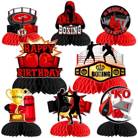 PRICES MAY VARY. Boxing Themed Honeycomb Centerpieces: You will receive 8 unique boxing themed honeycomb centerpieces including boxers, boxing gloves, HAPPY BIRTHDAY, boxing platform, trophy, sandbag and more for creating a great atmosphere at your birthday party. Creative Birthday Party Decorations: The creative honeycomb centerpieces with unique patterns bring a pleasant atmosphere to your birthday party and serve as an innovative table decoration. Premium Quality Materials: The honeycomb cent Birthday Party Decorations Red, Boxing Theme Party Ideas, Boxer Gloves, Boxing Birthday, Wrestling Birthday Parties, Kids Party Centerpieces, Black And White Balloons, Everlast Boxing, Gloves Boxing