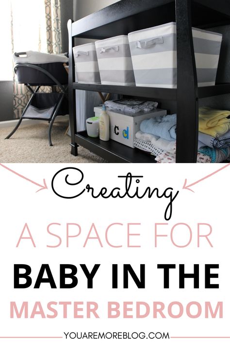 Creating a space for baby in the master bedroom. Small nursery spaces in the master bedroom are perfect for newborns. Main Bedroom Shared Nursery, Small Bedroom With Nursery Shared Master, Limited Space Nursery Ideas, Next To Me Crib Set Up, Nursery In Main Bedroom Master Suite, In Bedroom Nursery, Nursery In Primary Bedroom, Guest Bed Nursery Combo, Small Corner Nursery Master Bedrooms