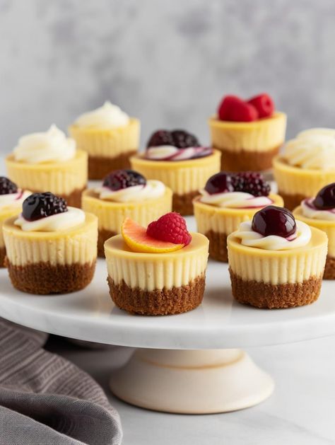 Indulge in the scrumptious taste of homemade Delightful Mini Cheesecakes with a graham cracker crust, velvety cheesecake filling, and various topping options. This simple recipe is perfect for any occasion and sure to impress your guests! Mini Cheese Cakes Muffin Tins, Cheesecake In Cupcake Liners, Dessert Tarts Mini, Easy Mini Cheesecake Recipe, Mini Tart Recipes, Mini Cheesecakes Easy, Mini Cheesecake Recipes, Tart Filling, Tart Dessert