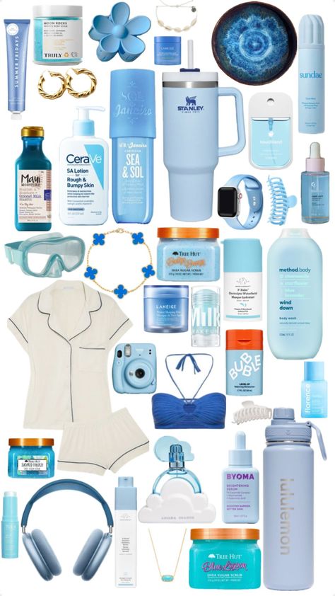 #blue #bluewishlist #blueaesthetic #aesthetic #wishlist #cute #skincare #clothes #makeup Blue Back To School Supplies, Blue Gift Aesthetic, Blue Skincare Products, Blue Basket Gift Ideas, Blue Items Aesthetic, Blue Makeup Products, Blue Birthday Basket, Ocean Skincare, Blue Gift Basket Ideas