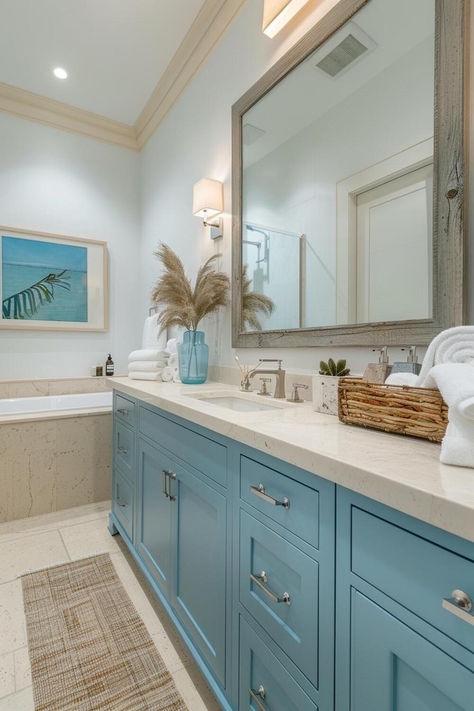 40 Coastal Bathroom Designs to Bring the Beach Home Beach Bathroom Ideas Coastal Style, Coastal Master Bath, Natural Bathroom Design, Coastal Bathroom Ideas, Blue Bathroom Ideas, Half Bathroom Design, Seaside Bathroom, Costal Bedroom, Aqua Bathroom