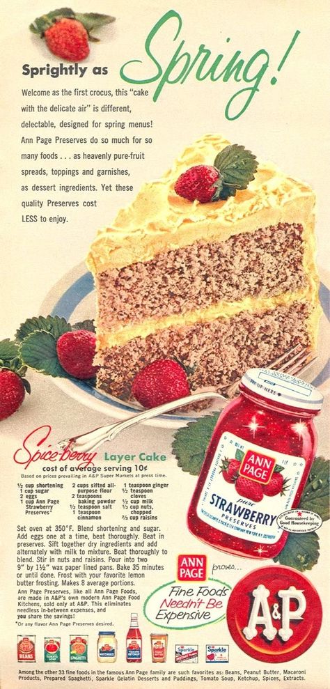 Spiceberry Layer Cake - magazine recipe for A & P and Ann Page Strawberry Preserves. Vintage Strawberry Cake, Berry Layer Cake, Textile Portfolio, Magazine Recipe, Cake Magazine, Creamsicle Cake, Grandmothers Kitchen, Magazine Recipes, 귀여운 음식 그림