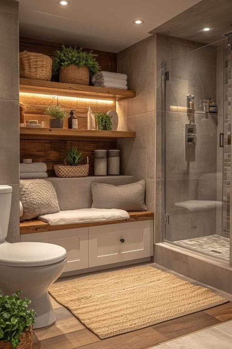 Bathroom Bath And Shower Ideas, Spa Oasis Bathroom, Neutral Rustic Bathroom, House Inspiration Minimalist, Modern Minimalist House Decor, Minimalist Nature Bedroom, Cozy Rustic Bathroom, Earthy Color Bathroom, Nature Inspired Bathroom Ideas