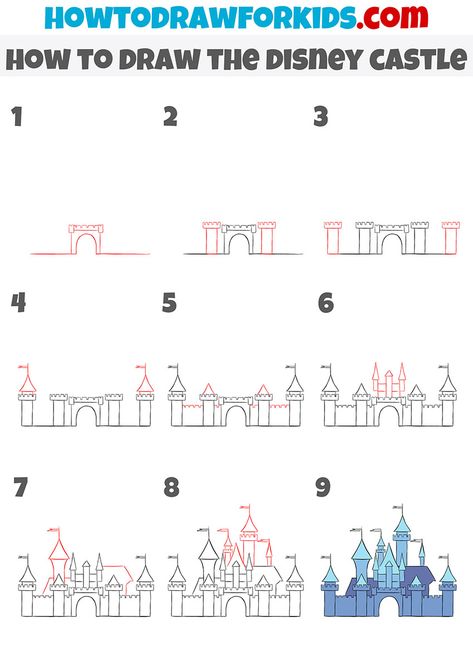 how to draw the disney castle step by step How To Draw Disney Castle Step By Step, Disney Castle Wall Painting, Disney Castle Doodle, Magic Kingdom Castle Drawing, Disneyland Drawings Easy, Disneyland Paintings Easy, Drawing Disney Castle, How To Draw A Castle Easy, How To Draw Disney Castle