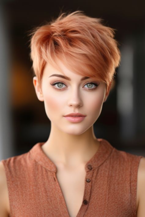 The short strawberry blonde pixie is effortlessly chic and easy to maintain. The cut’s simplicity draws attention to the vibrant strawberry blonde color, making it the star of the show. Click here to check out more dazzling strawberry blonde hair ideas to turn heads in 2023. Strawberry Pixie Hair, Pixie Strawberry Blonde Hair, Strawberry Blonde Hair Short Hairstyles, Brown And Blonde Pixie Haircut, Blonde Shaggy Pixie, Blonde Hair Pixie Haircut, Short Pixie Haircuts With Glasses, Red Head Pixie Haircut, Red And Blonde Pixie