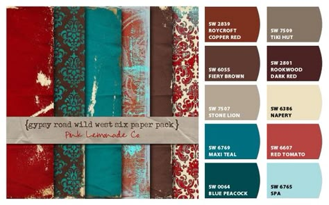 Red Teal Brown Color Palette Red Color Scheme Bedroom, Teal Red Gray Color Palette, Red Teal Color Scheme, Teal Red Green Color Palette, Red Blue Tan Color Palette, Red Kitchen Decor Color Schemes, Teal Burgundy Color Palette, Red Kitchen Color Scheme, Red Blue Brown Color Palette